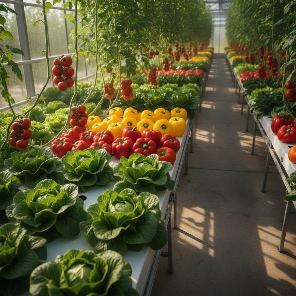 Fresh vegetables and fruits harvested from greenhouse facility in London